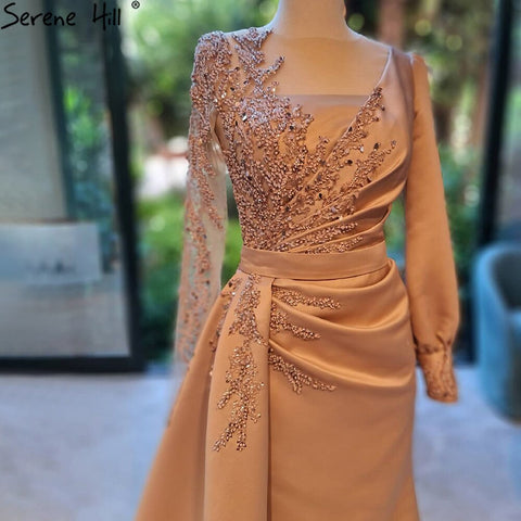 Vestidos de noche con sobrefalda de sirena color champán, elegantes, de satén con cuentas, para mujer, para fiestas, 2025, LA71430 