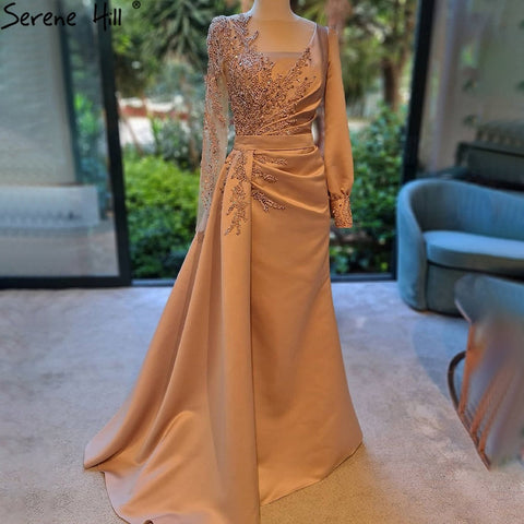 Vestidos de noche con sobrefalda de sirena color champán, elegantes, de satén con cuentas, para mujer, para fiestas, 2025, LA71430 