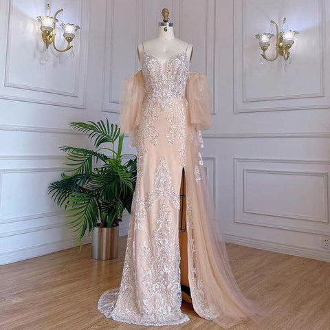 Champagne Mermaid Sexy Spaghetti Straps High Split Overskirt Evening Dresses Gowns Luxury Beaded 2025 LA71727