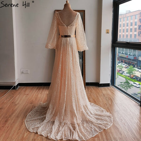 Champagne V-Neck  Latern Sleeve  Beach High Split  Evening Dresses Gowns  2025 A-Line  Lace  Formal Dress LA70194