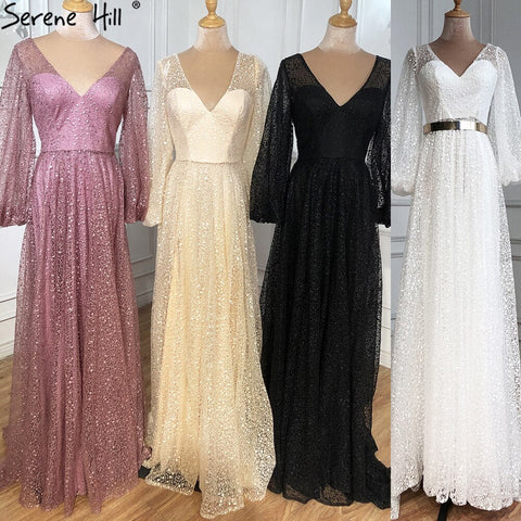 Champagne V-Neck  Latern Sleeve  Beach High Split  Evening Dresses Gowns  2025 A-Line  Lace  Formal Dress LA70194