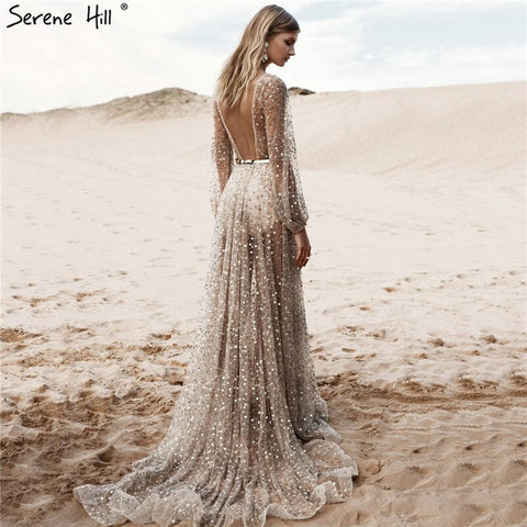 Champagne V-Neck  Latern Sleeve  Beach High Split  Evening Dresses Gowns  2025 A-Line  Lace  Formal Dress LA70194