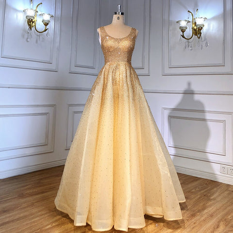 Robe de soirée de luxe à lacets, coupe A-Line, champagne, perles et cristaux, style Dubaï, pour femme, tenue de mariage, LA70232 