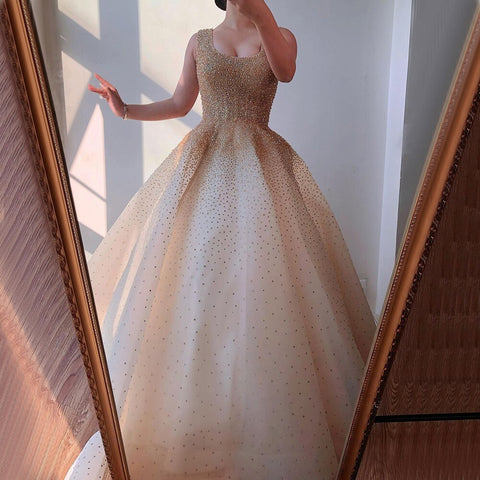 Robe de soirée de luxe à lacets, coupe A-Line, champagne, perles et cristaux, style Dubaï, pour femme, tenue de mariage, LA70232 