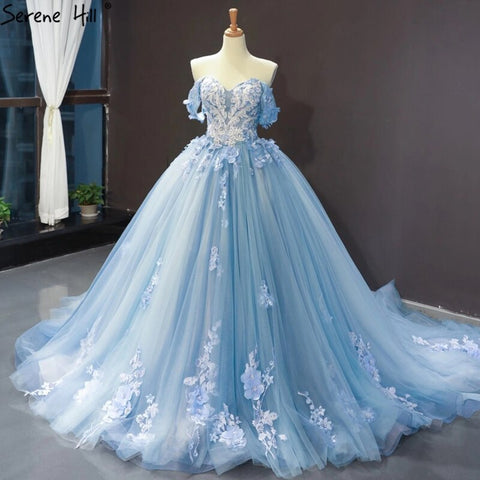Clear Water Blue Evening Gowns 2025 Sleeveless Handmade Flowers Diamonds Formal Dress HM66706