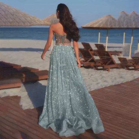 Customize 2025 Saudi Turquoise Strapless Two-Piece Evening Dress with High Split for Formal Occasion LA72786