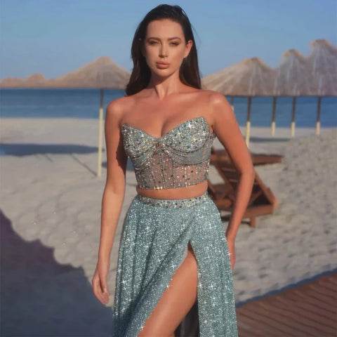 Customize 2025 Saudi Turquoise Strapless Two-Piece Evening Dress with High Split for Formal Occasion LA72786