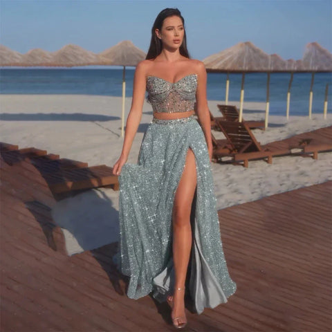 Customize 2025 Saudi Turquoise Strapless Two-Piece Evening Dress with High Split for Formal Occasion LA72786