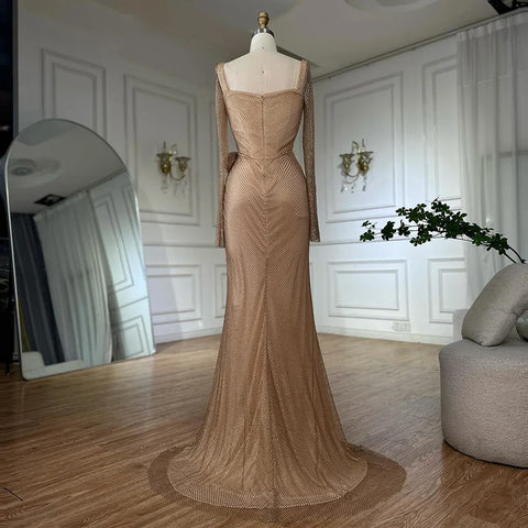 Customize 2025 Nude Elegant High Split Beaded Mermaid Saudi Arabic Evening Dresses Gown For Formal Occasion LA72801A