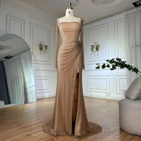 Customize 2025 Nude Elegant High Split Beaded Mermaid Saudi Arabic Evening Dresses Gown For Formal Occasion LA72801A