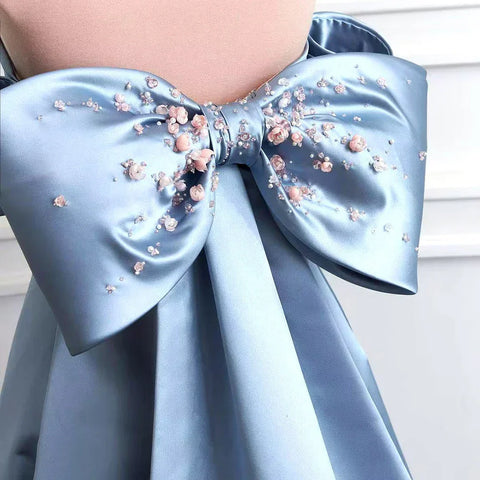 2025 Arabic Strapless Blue Beaded A-Line Saudi Evening Gown for Formal Occasion LA72792