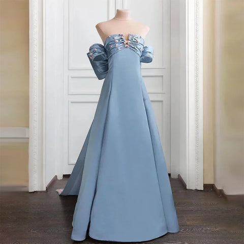 2025 Arabic Strapless Blue Beaded A-Line Saudi Evening Gown for Formal Occasion LA72792