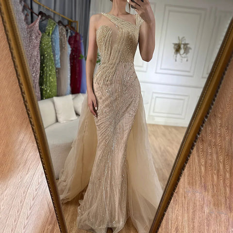 2025 Nude Mermaid Green Evening Gown with Elegant One Shoulder Overskirt for Formal Occasion LA72031A