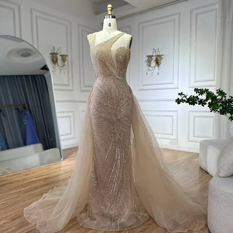 2025 Nude Mermaid Green Evening Gown with Elegant One Shoulder Overskirt for Formal Occasion LA72031A