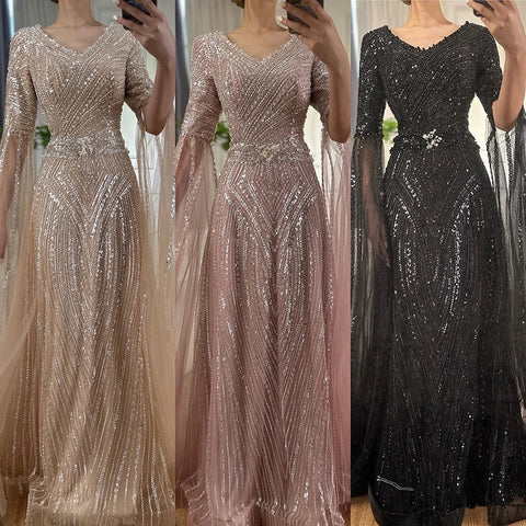 2025 Caramel A-Line Beaded Saudi Arabic Evening Dress with Cape Sleeves for Wedding Party LA72798
