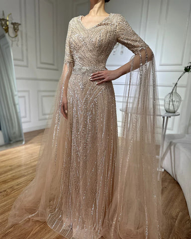 2025 Caramel A-Line Beaded Saudi Arabic Evening Dress with Cape Sleeves for Wedding Party LA72798