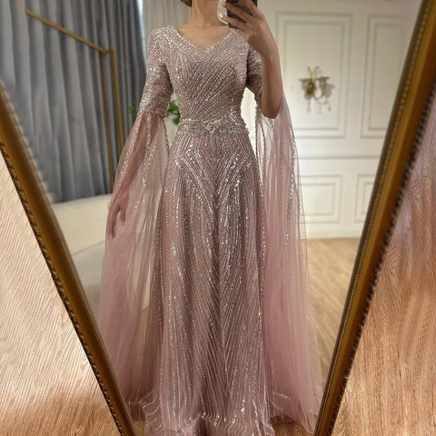 2025 Caramel A-Line Beaded Saudi Arabic Evening Dress with Cape Sleeves for Wedding Party LA72798