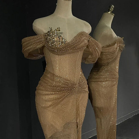 2025 Nude Saudi Arabic Beaded High Split Evening Dresses Gowns for Formal Occasion LA72807