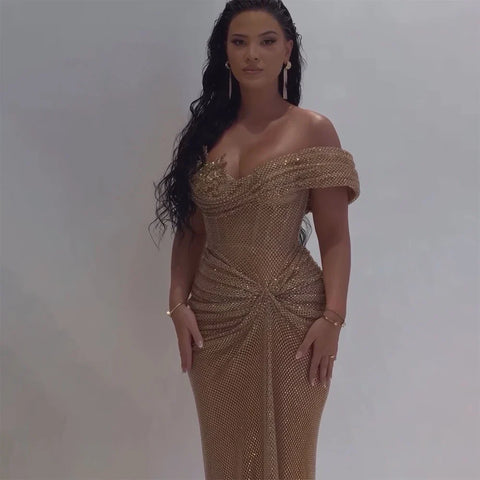 2025 Nude Saudi Arabic Beaded High Split Evening Dresses Gowns for Formal Occasion LA72807