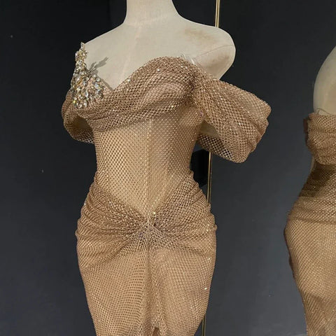 2025 Nude Saudi Arabic Beaded High Split Evening Dresses Gowns for Formal Occasion LA72807