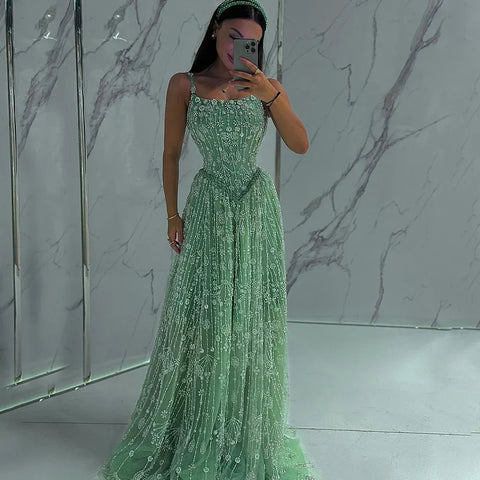 Sage Green Beaded A-Line Spaghetti Strap Evening Dress Gown LA72805