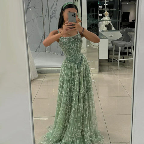 Sage Green Beaded A-Line Spaghetti Strap Evening Dress Gown LA72805
