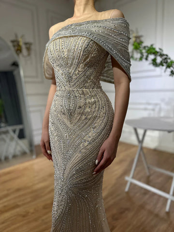 2025 Saudi Arabic Silver Nude Beaded Mermaid Evening Dress Gown for Formal Occasion LA72800