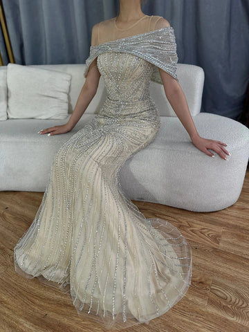 2025 Saudi Arabic Silver Nude Beaded Mermaid Evening Dress Gown for Formal Occasion LA72800
