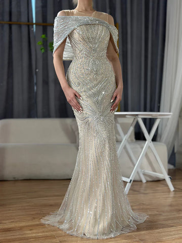 2025 Saudi Arabic Silver Nude Beaded Mermaid Evening Dress Gown for Formal Occasion LA72800