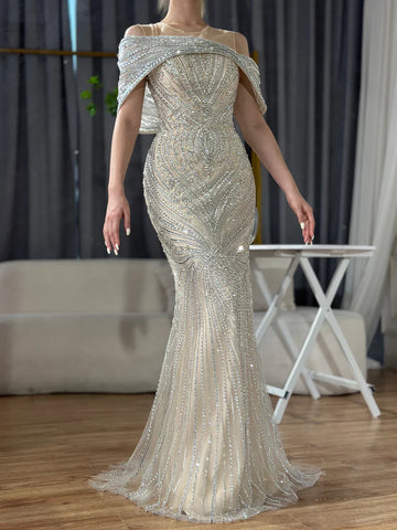 2025 Saudi Arabic Silver Nude Beaded Mermaid Evening Dress Gown for Formal Occasion LA72800