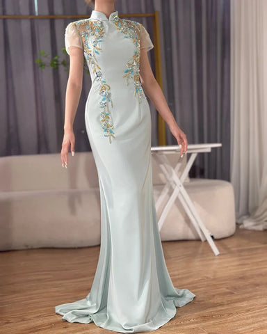 2025 Saudi Mint Mermaid Beaded Satin Evening Dress Gown with Corset for Formal Occasion LA72797