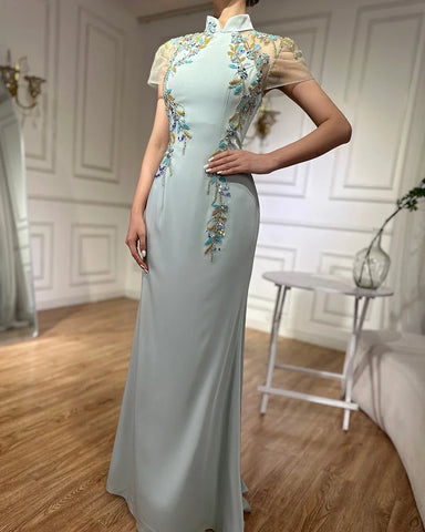 2025 Saudi Mint Mermaid Beaded Satin Evening Dress Gown with Corset for Formal Occasion LA72797