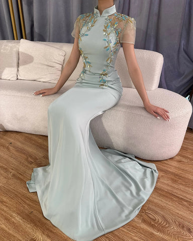 2025 Saudi Mint Mermaid Beaded Satin Evening Dress Gown with Corset for Formal Occasion LA72797