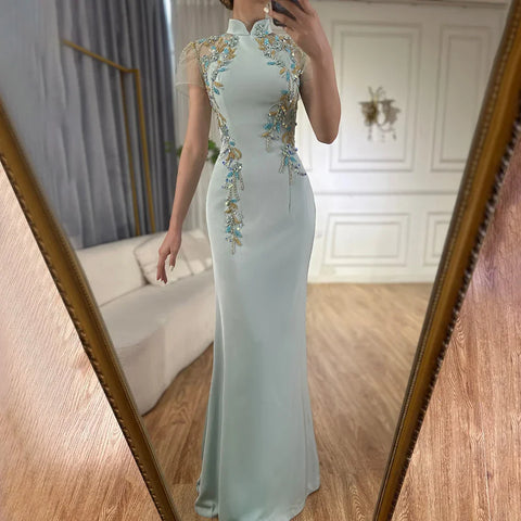 2025 Saudi Mint Mermaid Beaded Satin Evening Dress Gown with Corset for Formal Occasion LA72797