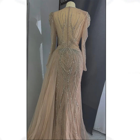 2025 Saudi Nude Beaded Crystal Arabic Evening Dresses Gowns with Overskirt for Formal Occasion LA72812
