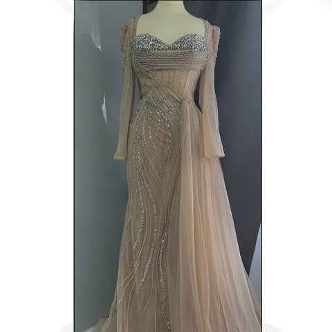 2025 Saudi Nude Beaded Crystal Arabic Evening Dresses Gowns with Overskirt for Formal Occasion LA72812