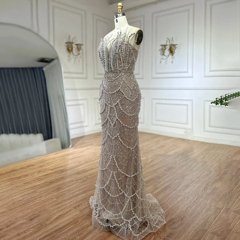 2025 Nude Saudi Pearls Beaded Strapless Mermaid Evening Dresses Gowns for Formal Occasion LA72816