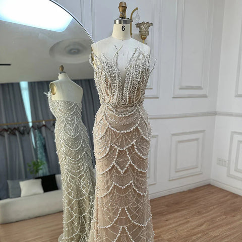 2025 Nude Saudi Pearls Beaded Strapless Mermaid Evening Dresses Gowns for Formal Occasion LA72816