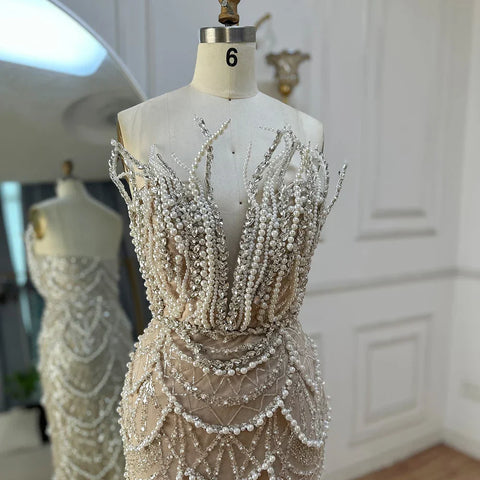 2025 Nude Saudi Pearls Beaded Strapless Mermaid Evening Dresses Gowns for Formal Occasion LA72816