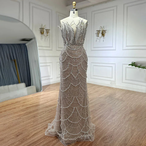 2025 Nude Saudi Pearls Beaded Strapless Mermaid Evening Dresses Gowns for Formal Occasion LA72816