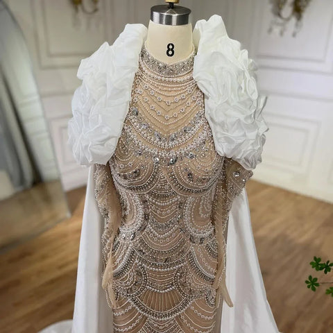 Arabia White Nude Pearls Beaded Mermaid Long Cloak Dubai Evening Dress for Formal Occasion LA72091C