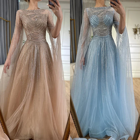 Arabic Caramel Saudi Evening Dresses with Cape Sleeves A-Line Beaded For Wedding Party 2025 LA72799