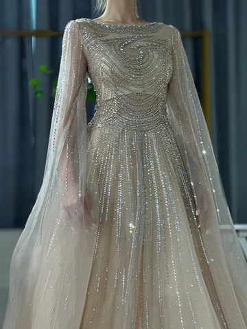 Arabic Caramel Saudi Evening Dresses with Cape Sleeves A-Line Beaded For Wedding Party 2025 LA72799