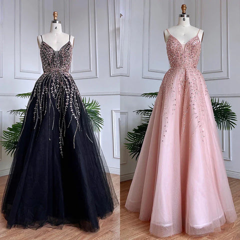 Arabic Long A-Line 2025 Spaghetti Strap Graduation School Party Gown Celebrity Prom Dresses LA71887