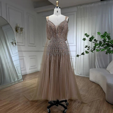 Arabic Nude A-Line Midi Straps Beaded Evening Dresses Gowns 2025 For Women Wedding Party LA71911