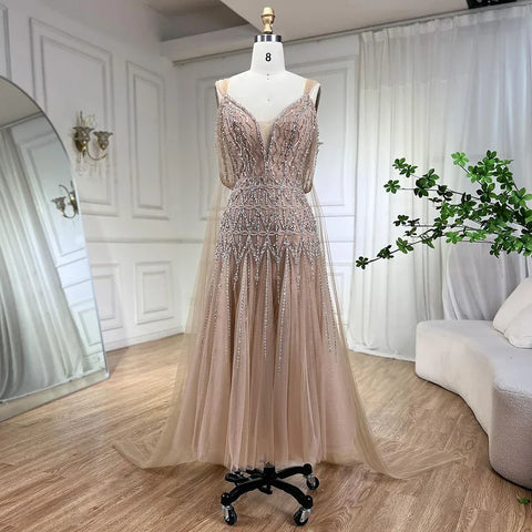 Arabic Nude A-Line Midi Straps Beaded Evening Dresses Gowns 2025 For Women Wedding Party LA71911
