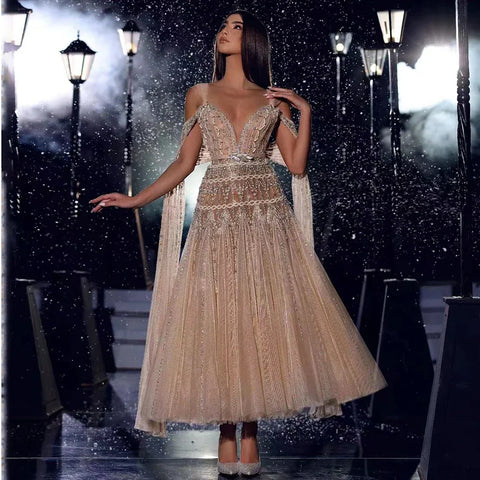 Arabic Nude A-Line Midi Straps Beaded Evening Dresses Gowns 2025 For Women Wedding Party LA71911