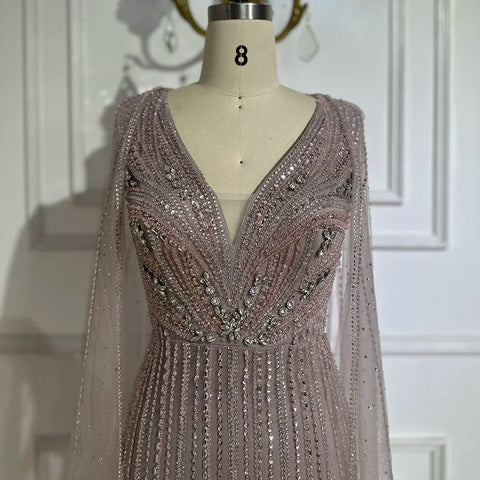 Pink Cape Sleeves Beaded Evening Dresses Gowns For Women Wedding Party 2025 LA72864