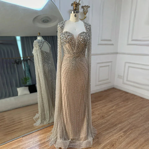 Arabic Silver Nude Cape Sleeves Beaded Evening Dresses Gowns For Women Wedding Party 2025 LA72575