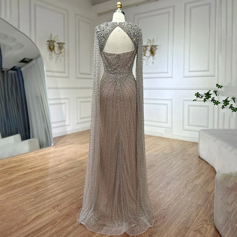 Arabic Silver Nude Cape Sleeves Beaded Evening Dresses Gowns For Women Wedding Party 2025 LA72575